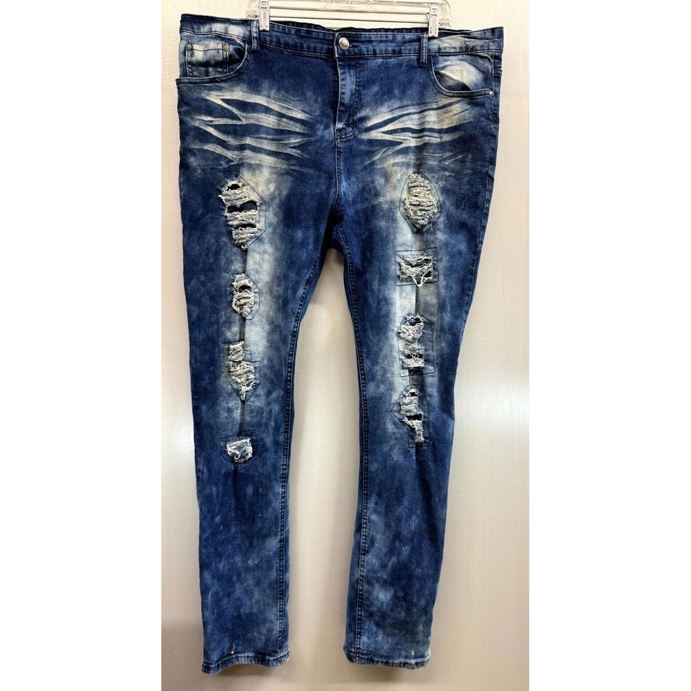 Encrypted Jeans Men 44x34 Blue Denim Cotton Stretch Distressed Streetwear Skinny